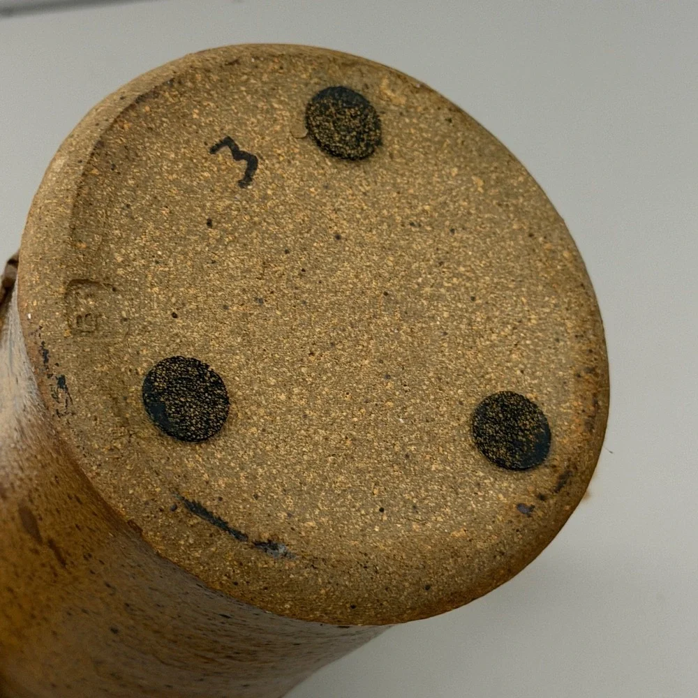 Vintage Studio Pottery Vase  Brown Rustic Stoneware Jute Bead Accent